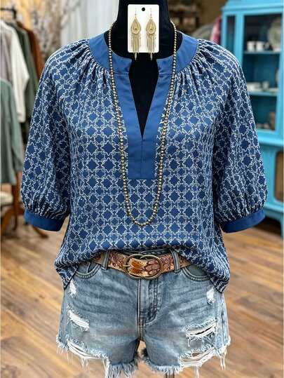 Linhara Fashionable Casual Vacation Vintage Elegant Commute 3/4 Sleeve Blue Printed Blouse