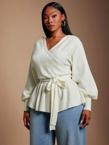 SHEIN SXY Plus Size Women's Solid Color V-Neck Knotted Waist Casual Versatile Long Sleeve Sweater - White - View 4