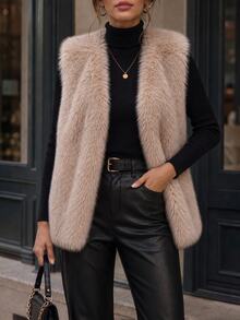 Balvessa Fuzzy Short Vest Plush Jacket Thickened Women's Elegant Retro Fashion Vest For Outing And Commuting - Apricot - View 7
