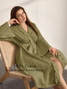 Ocili Leisure Pure Cotton Double Layer Crepe Fabric Minimalist Comfortable Frill Trim Long Robe Women's Loungewear Plus Size - Dark Green - View 1