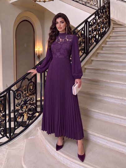 Modelyn Women's Spring/Autumn Purple Lace Long Sleeve Pleated Dress With Stand Collar, Hollow Out Waist, Formal Evening Gown For Party, Gathering And Commute