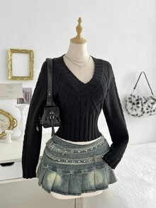 Elamini Sweater Pullover Wanita Model V-Neck untuk Musim Gugur/Dingin, Gaya Santai, Serbaguna untuk Sehari-hari, Cocok untuk Perjalanan, Kencan, dan Berfoto. - Hitam - View 6