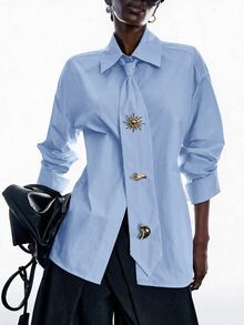 LYSMO Women's Solid Color Casual Versatile Daily Long Sleeve Shirt - Baby Blue - View 9