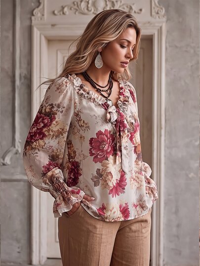 Ceyna Plus Size Women's Floral Print Chiffon Fabric Cuffed Sleeve Design Elegant Romantic Blouse Holidays Vacation Casual Dating Brunch Party White Fall