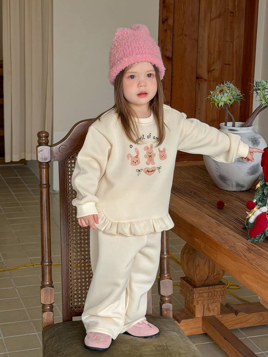 DAZY Conjunto de sudadera para bebé (niña) con cuello redondo, manga larga, estampado de dibujos animados y ribete de volantes para primavera/otoño - Caqui - Ver 1