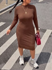 SHEIN BASICS Plus Size Women Solid Color Stand Collar Long Sleeve Slim Fit Elegant Knit Dress - Coffee Brown - View 2
