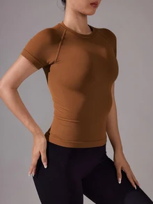 Easithlete Easithlete 女款純色插肩袖短袖日常健身運動T恤 無縫 - 摩卡棕 - 查看 4