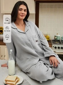 Doze Lane Autumn/Winter All Cotton Solid Color Embroidered Letter Pattern Patch Pocket Turn-Down Collar Front Button Long Sleeve Long Pants Women Plus Size Pajama Set - Grey - View 5