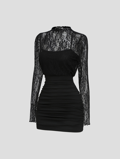 Sweetra Women's Autumn/Winter Sheer Lace Patchwork T-Shirt Mini Dress, Slim Fit Flattering Y2K Style, Elegant Old Money Aesthetic, Cocktail Party Evening Wear Nightclub Outfit, Long Sleeve Mock Neck Ruched Design, Romantic Date, Beach Vacation, Wedding Guest Dress, Valentine's Day Date, Black Bodycon Solid Color Dress
