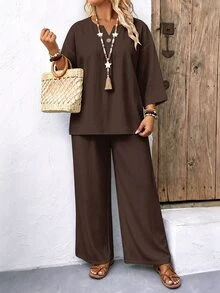 Weeklong 2pcs Plus Size Brown Solid Color Top And Casual Matching Kawaii Loose Comfortable Pants Set, Plus Size Solid Color Outfit Vacation Summer - Multicolor - View 4