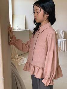Dazy Kids 女童休閒條紋長袖寬鬆基本款襯衫 - 粉色 - 查看 5