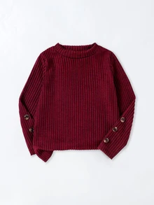 Elladie kids 少女美式學院風服飾套裝，紋理長袖T恤上衣與配套鈕扣裙 2件套搭配組合 - 酒紅色 - 查看 5