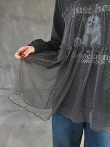 FRIFUL 女款字母貓咪印花圓領長袖拼接波點白色網紗荷葉邊休閒T恤，日常夏季穿搭 - 灰色 - 查看 7