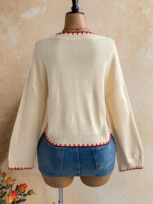 Soleia Women's Fish Pattern Round Neck Drop Shoulder Long Sleeve Casual Sweater - Apricot - View 2