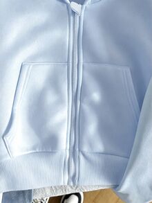 SHEIN Tween女孩寬鬆休閒基礎極簡舒適街頭風連帽修身前短款長袖冬季夾克 白色秋季 - 淺藍色 - 查看 4