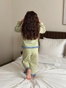 DAZY Infant/Toddler (Girl) Plaid Korean Style Long Sleeve Comfortable 2 Pieces Loungewear Set - Green - View 2