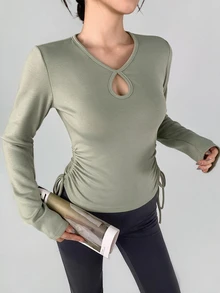 DAZY Women's Solid Color Pleated Casual Daily Long Sleeve Sports T-Shirt - Mint Green - View 1