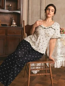 Côtesoire Plus Size French Romantic Knit Bow Print Short Sleeve Long Pants Pajama Set - Multicolor - View 6