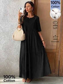 EMERY ROSE Women's Solid Color Round Neck Pleated Design Casual Boho Loose Long Dress Vacation Black Fall Vacation Vacation - Black - View 8