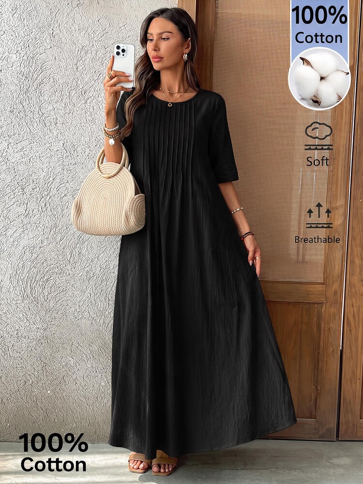 EMERY ROSE Đầm dài nữ dáng rộng phong cách boho casual, màu trơn, cổ tròn, thiết kế xếp ly, màu đen, cho mùa thu và đi du lịch - màu đen - Xem 8