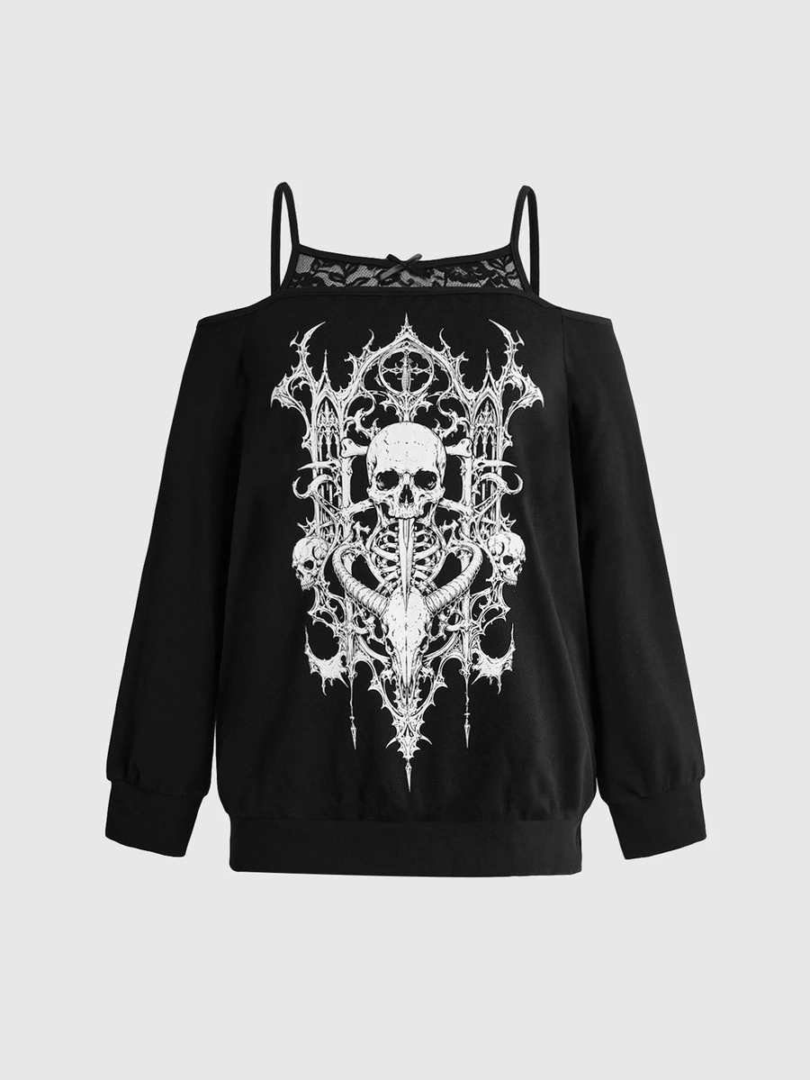 ROMWE Plus Size Dark Gothic Forest Crow & Withered Tree Pattern Off-Shoulder Contrast Lace Black Gothic Vine Loose Sweatshirt - Black - View 1