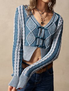 Bohemela Fall/Winter,Women's Washed V-Neck Long Sleeve Mixed Blue Wool Twisted Rope Chinese Knot Knit Cardigan,Twist Special Dye Technique,Frog Toggle Button - Blue and White - View 2
