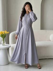 Al Najma Women's Round Neck Long Sleeve Zipper Placket Waist Faux Pearl Decor Arabian Dress - Purple - View 10