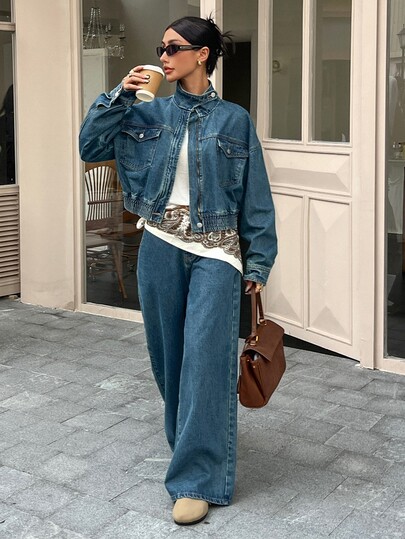 DAZY Women's Zipper Front Drop Shoulder Long Sleeve Jacket And Pants Casual Denim Set