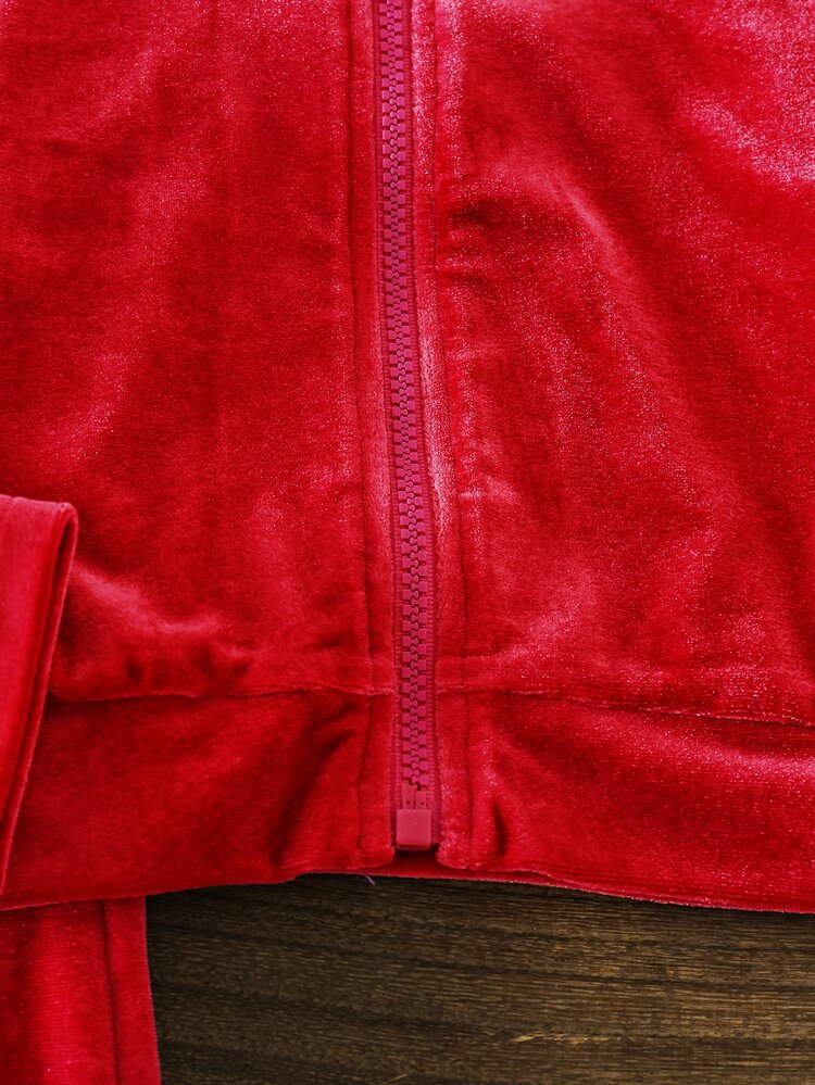 SHEIN Girls Velvet Hooded Long Sleeve Jacket And Pants Set, Suitable For Autumn/Winter, Fashionable And Versatile, Comfortable To Wear - Red - View 5