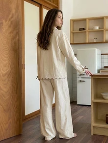 Livesso Women's Color Block Bow Decor Long Sleeve Top And Pants Casual Daily Pajama Set - Beige - View 2
