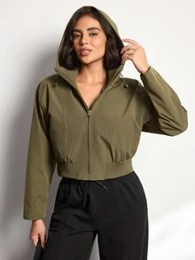 Easithlete Easithlete Jaket Pendek Wanita untuk Penerbangan, Berkerah Tegak dan Berkerudung, Kasual dan Serbaguna untuk Perjalanan Sehari-hari - Dark Green - View 6