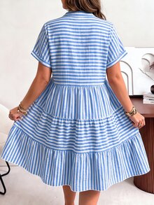 Ceyna 大尺碼 V 領 Polo 袖休閒波希米亞風水洗紗布皺褶洋裝 白色夏季度假早午餐沙灘正式商務風 - 藍色 - 查看 2
