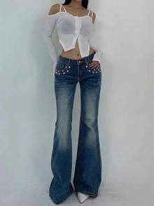 DAZY Women's Casual Versatile Denim Flare Pants With Pockets - Blue - View 4