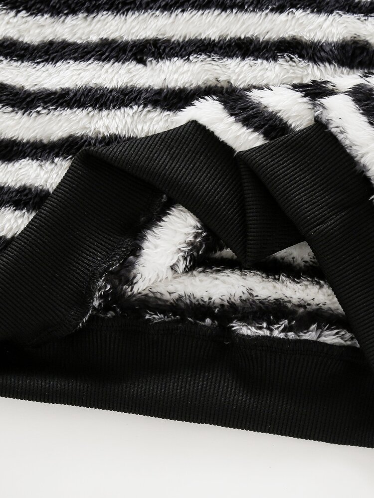 Boys Black & White Striped Thermal Lined Thick Casual Fashion Streetwear Sweatshirt, Suitable For Casual Daily Wear, Street, Campus And Various Occasions, Autumn/Winter Sweatshirt, Boys Autumn/Winter Top - Black - View 4