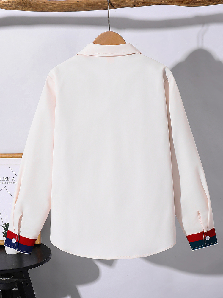 SHEIN Kids Tween Boy Casual Soft Fabric Khaki Long Sleeve Collared Shirt, Basic Top, Suitable For Fall/Winter, Christmas, Halloween, School, Family Gathering, Vacation, Party, FallOutfit, WinterOutfit - Multicolor - View 3