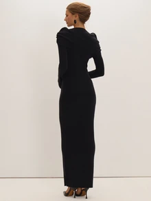 MUSEYN Black Soft Long Sleeve Cape Overlay Maxi Dress Versatile Everyday Casual Chic New Season Fall - Black - View 3