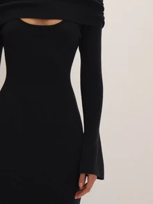 MUSEYN Black Soft Long Sleeve Cape Overlay Maxi Dress Versatile Everyday Casual Chic New Season Fall - Black - View 6
