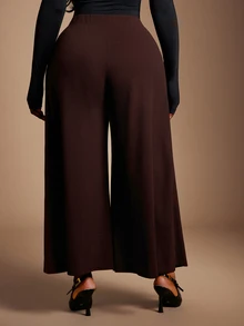 SHEIN SXY Plus Size Women's Casual Coffee Brown High Waist Wide Leg Cropped Pants Fall - Brown - View 2