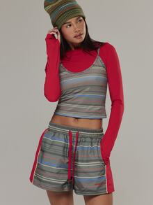 Musera Sport Atasan Cami Lengan Panjang Bertali dengan Motif Garis-Garis Ganda untuk Aktivitas Luar Ruangan, Olahraga, dan Gym, Terra Peak - MultiWarna - View 2