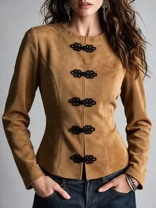 SHEIN Women's Elegant Round Neck Asymmetrical Chinese Style Frog Button Slim Fit Jacket For Autumn, Commute, Daily Wear And Vacation - Khaki - View 4