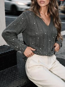 Anewsta Women's Gray Twisted Rope & Bead Embroidered Long Sleeve Sweater - Grey - View 4