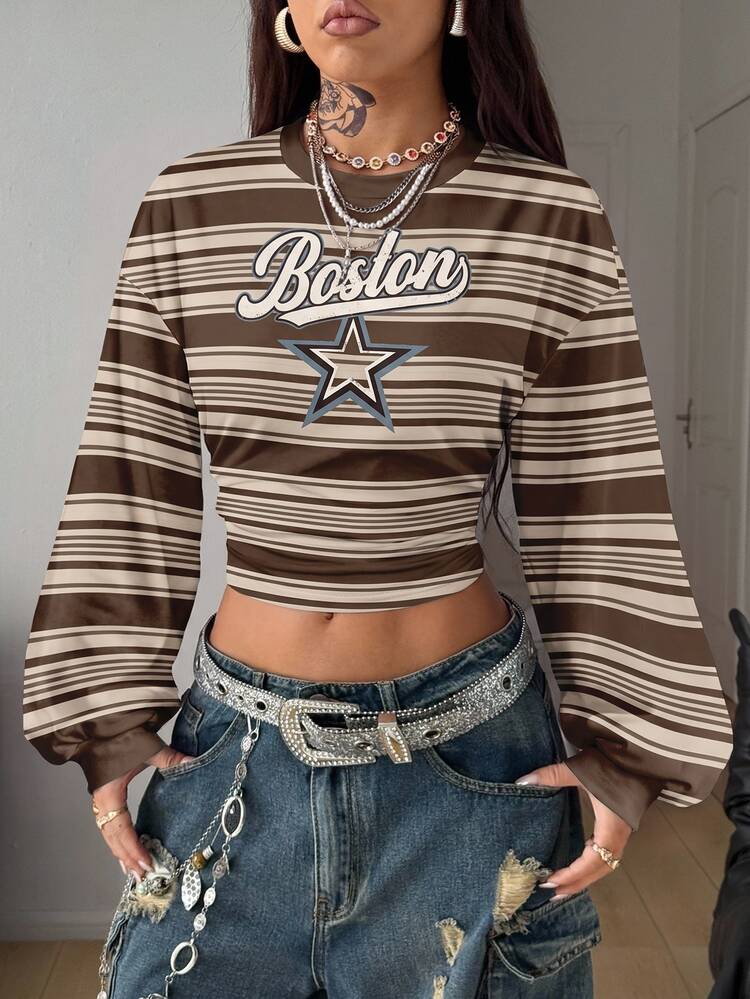 Coolane Women's Sweatshirt, Long Sleeve Cropped Waist Top, Star Print Pattern On Chest, Brown Striped, College Style Back To School Campus Outfit Club Clothing, Youth Casual Streetwear, Cool Minimalist Motorcycle Cargo Style Style, Fashion Y2K - White - View 1