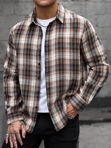 Manfinity CasualCool 男士格紋長袖單排扣休閒街頭風襯衫，感恩節度假外出秋季穿搭 - 彩色 - 查看 5