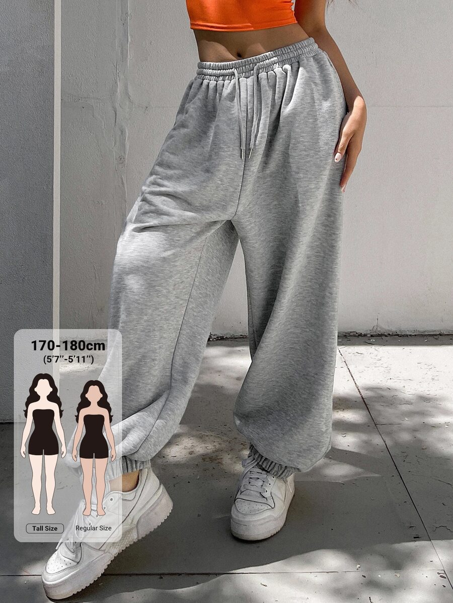 Dazy Tall Quần dài thể thao nữ dáng rộng, cạp chun co giãn, có dây rút và gấu bo, mùa thu - Xám - Xem 1