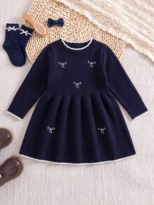 Baby Girl Embroidered Fashion Long Sleeve Sweater Dress For Outings - Navy Blue - View 8