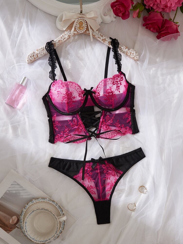 SHEIN Sexy Sheer Embroidered 2-Piece Set - Multicolor - View 3