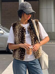 SHEIN EZwear Women's Brown Animal Print Faux Fur Vest - Coffee Brown - View 8