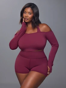 Voyena Women's Plus Size Solid Color Off-Shoulder Halter Neck Long Sleeve T-Shirt And Shorts Sports Set - Burgundy - View 5
