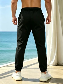 Ironwick Men's Drawstring Waist Coconut Tree Pattern Casual Daily Travel Sports Long Pants - Black - View 2