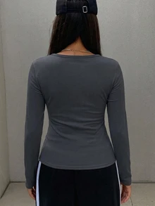 DAZY 女款純色保暖內裡圓領休閒日常長袖T恤 - 深灰色 - 查看 3